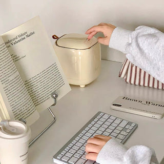 Lidded Cube Tabletop Dustbin Trash Can Cream