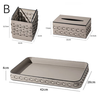 Piece Set: Braided Geometric Pattern Leather Tray Tissue Box Small Item Holder  Storage Brush Stand