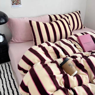 Pink Brown Wide Stripe Winter Duvet Cover Set