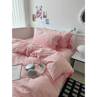 Pink Side Ribbon Plain Piping Duvet Cover Set 2 Sizes  Bed Cover All Seasons Year-Round