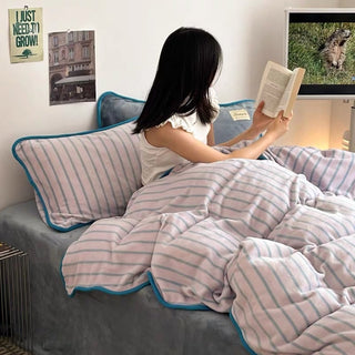 Blue Stripe Piping Thick Milk Fleece Winter Duvet Cover Set