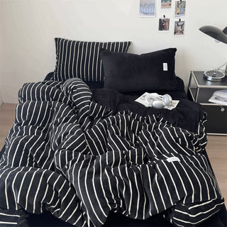 Dark Color Pinstripe Milk Velvet Winter Duvet Cover Set