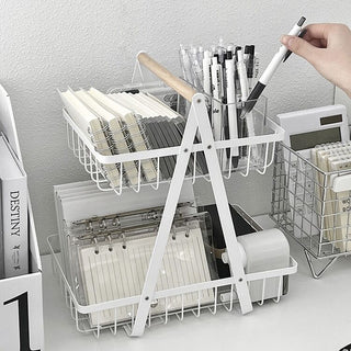 Handle-equipped Two-tiered Wire Basket Storage Basket