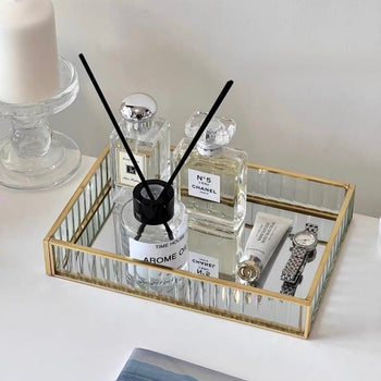 Gold Frame Rectangular Mirror Tray Cosmetic Storage