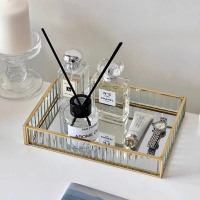 Gold Frame Rectangular Mirror Tray Cosmetic Storage