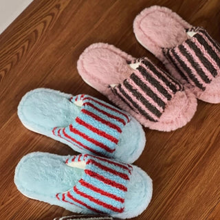 Striped Boa Fur Open Slippers   3 Sizes  Indoor Room Shoes