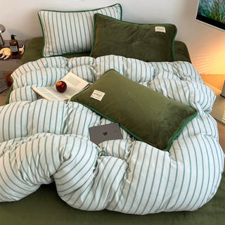 Green stripe piping thick milk fleece winter duvet cover set 2 sizes