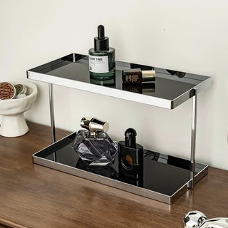 Silver Frame Rectangular Two-Tier Storage Display Rack   Includes Tray for Cosmetics and Perfume Storage