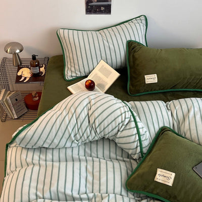 Green stripe piping thick milk fleece winter duvet cover set 2 sizes