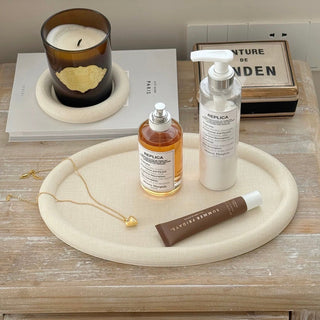 PU Leather Round Oval Simple Accessory Tray  Ivory Beige