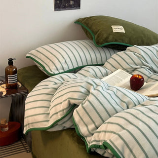 Green stripe piping thick milk fleece winter duvet cover set 2 sizes
