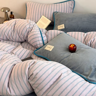 Blue Stripe Piping Thick Milk Fleece Winter Duvet Cover Set