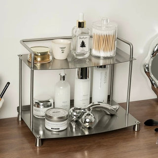Stainless steel silver storage two-tier display rack for cosmetics and perfumes.
