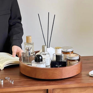 360 Degree Rotating Natural Wood Round Cosmetic Storage Tray