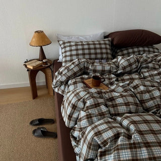Brown Sheets Checkered Pattern Cotton Duvet Cover Set  All Seasons