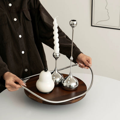 Stainless steel handle wood round display tray storage