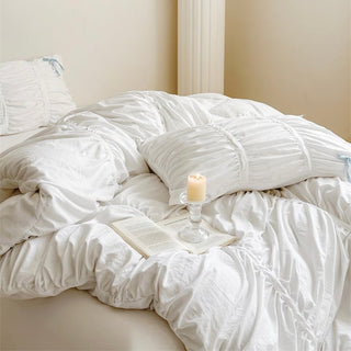 White Gathered Romantic Ribbon Duvet Cover Set  All Seasons