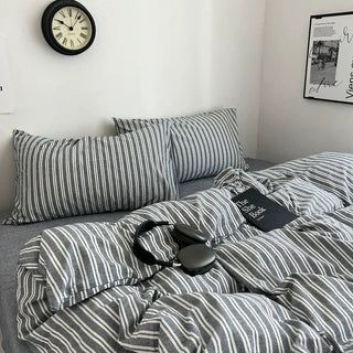 Gray and White Stripe Cotton Duvet Cover Set   All Seasons