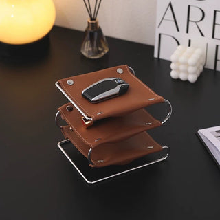 Silver Frame Three-Tier Leather Accessory Tray   Small Item Storage