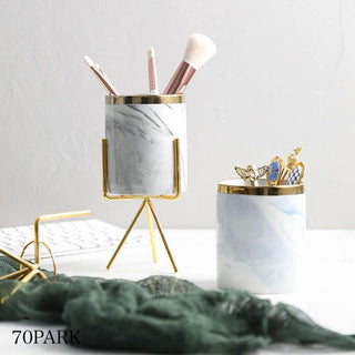 Marble-look Gold Legged Cylindrical Brush Stand    Pen Holder