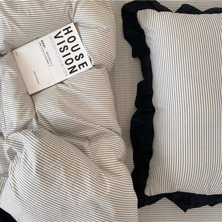 Gray Stripe Black Frill Cotton Duvet Cover Set  All Season
