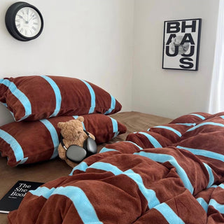 Brown Blue Wide Stripe Winter Duvet Cover Set