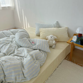 Light Blue Stripe Milk Velvet Winter Duvet Cover Set