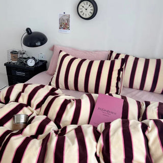 Pink Brown Wide Stripe Winter Duvet Cover Set