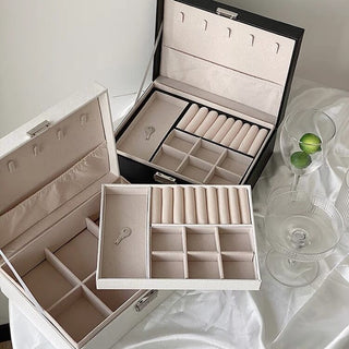 Two-tiered lockable simple jewelry boxin  storage.