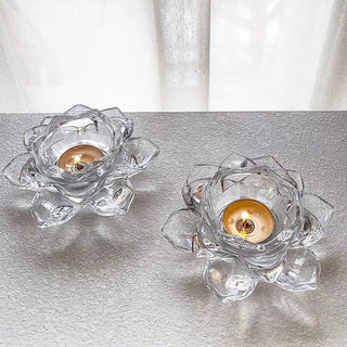 Lotus flower motif clear glass candle holder stand