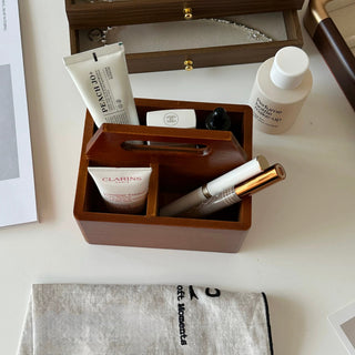 Handle-equipped wooden divider storage mini box for cosmetics
