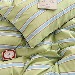 Green Mixed Color Wide Stripe Cotton Duvet Cover Set 2 Sizes  All Seasons