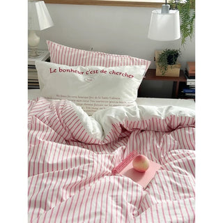 White Pink Stripe Duvet Cover Set