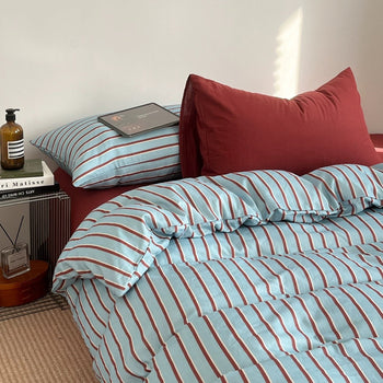 Red x Blue Stripe Soft Cotton Duvet Cover Set   Bed Cover  All Seasons