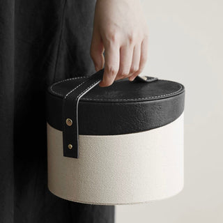 Leather Handle Round Makeup Box with Mirror Small Item Storage Cosmetic Storage