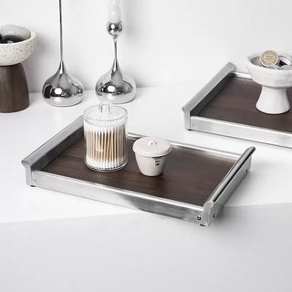 Stainless Steel Silver Wood Large Rectangular Tray  Accessory Tray Storage Cafe Tray
