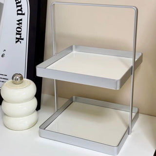 Handle-equipped silver frame square two-tier storage rack