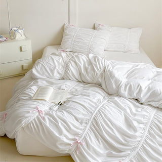 White Gathered Romantic Ribbon Duvet Cover Set  All Seasons