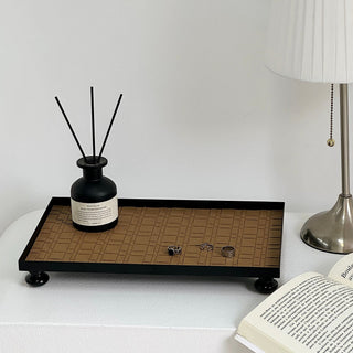 Legged Iron Frame Woven Leather Rectangular Tray