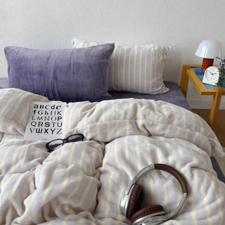 Purple Stripe Milk Velvet Winter Duvet Cover Set