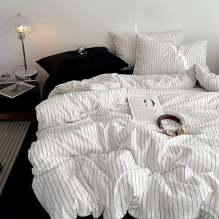 White Black Pinstripe Cotton Duvet Cover Set   All Seasons