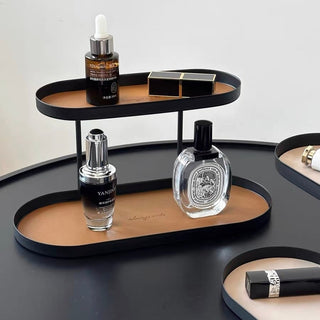 Iron Leather Oval Two-Tier Tray Storage Rack