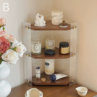Clear Acrylic Wood Grain Finish Three-Tier Storage Corner Rack   Perfect for Cosmetics and Perfumes