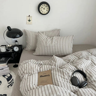 Greige White Stripe Cotton Duvet Cover Set  All Season