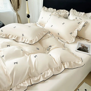 Cooling Ribbon Pattern Frill Ivory Duvet Cover Set Bed Cover Cool Touch