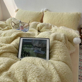 Yellow Pom-Pom Milk Velvet Winter Thick Duvet Cover Set