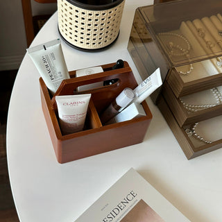 Handle-equipped wooden divider storage mini box for cosmetics