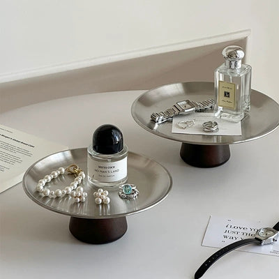 Wood Legged Stainless Steel Silver Tray 2 Sizes  Stand Storage