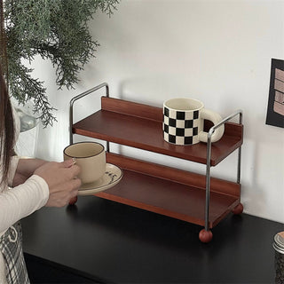 Wood Silver Frame Two-Tier Display Rack Storage
