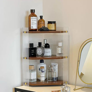 Clear Acrylic Wood Grain Finish Three-Tier Storage Corner Rack   Perfect for Cosmetics and Perfumes